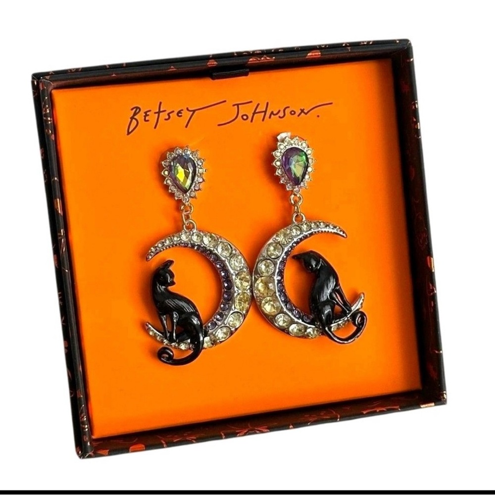 Betsey Johnson Earrings, Black Cat on Crescent w/ Iridescent Crystals-New in Box